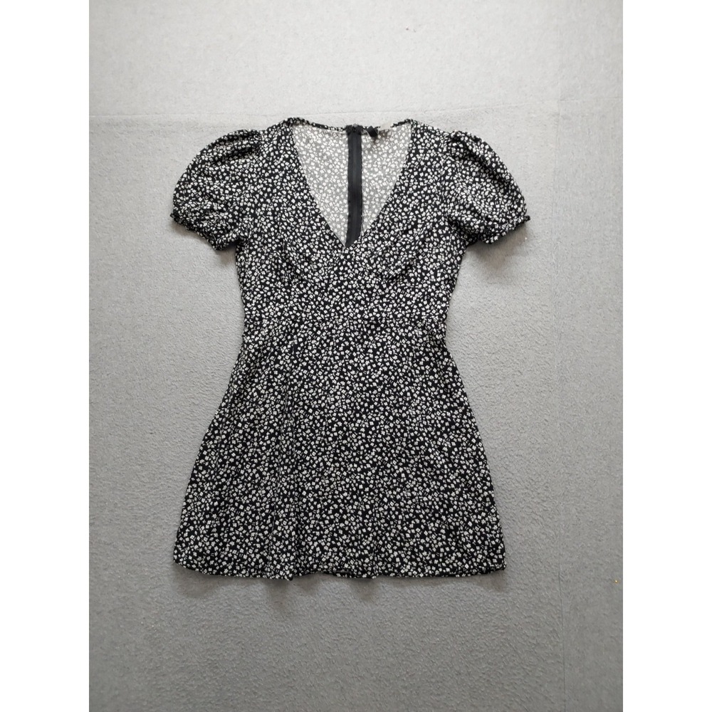 Divided Women Mini Dress M Black Floral V Neck Puff Sleeve Tie Waist Summer Wear